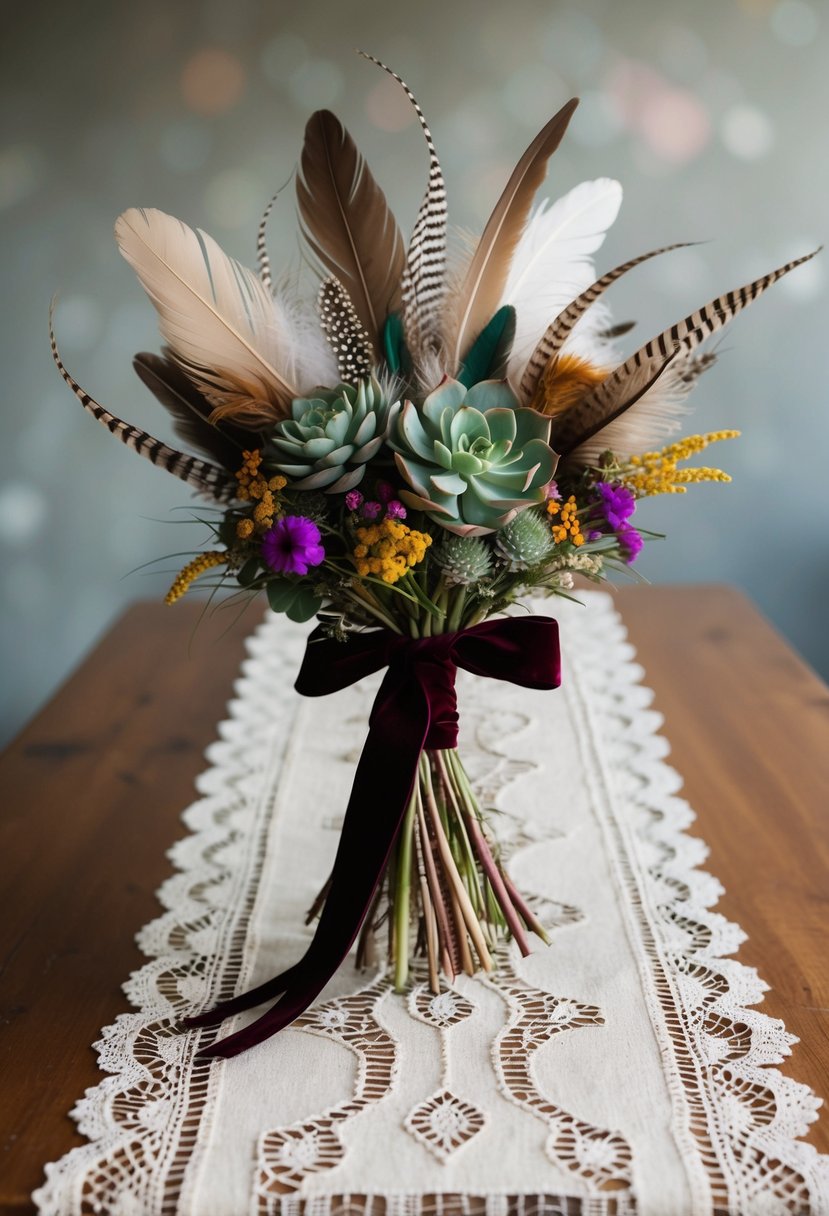 A whimsical bouquet with a mix of feathers, succulents, and wildflowers, tied with a velvet ribbon, sits atop a vintage lace table runner