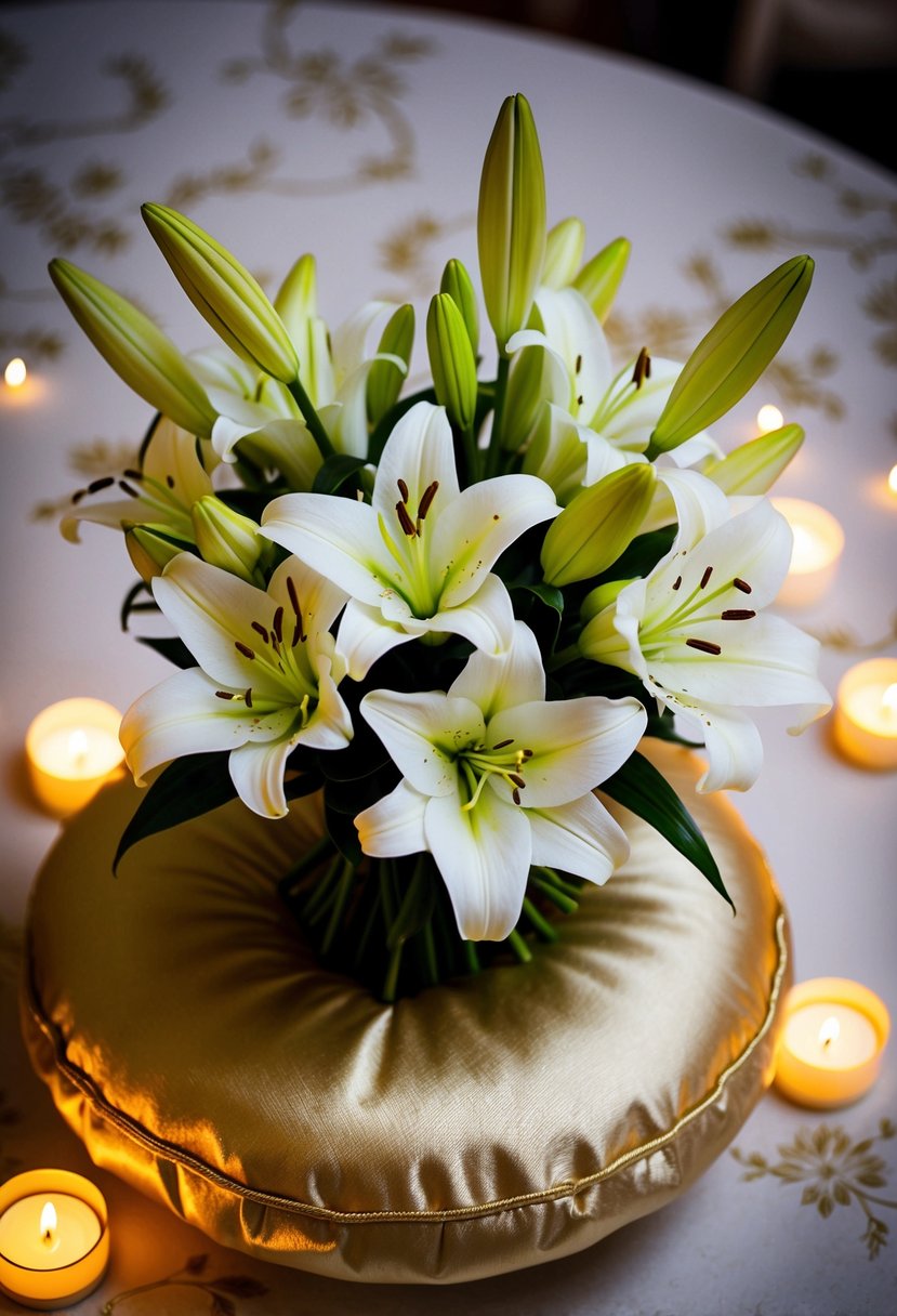 A white lily bouquet sits on a gold-trimmed silk cushion, surrounded by flickering tea lights and delicate henna designs