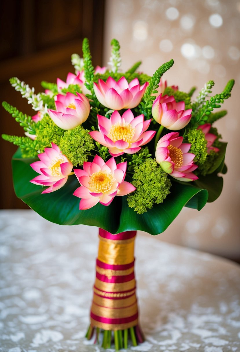 A vibrant bouquet of lotus petals and greenery arranged in a traditional Indian wedding style