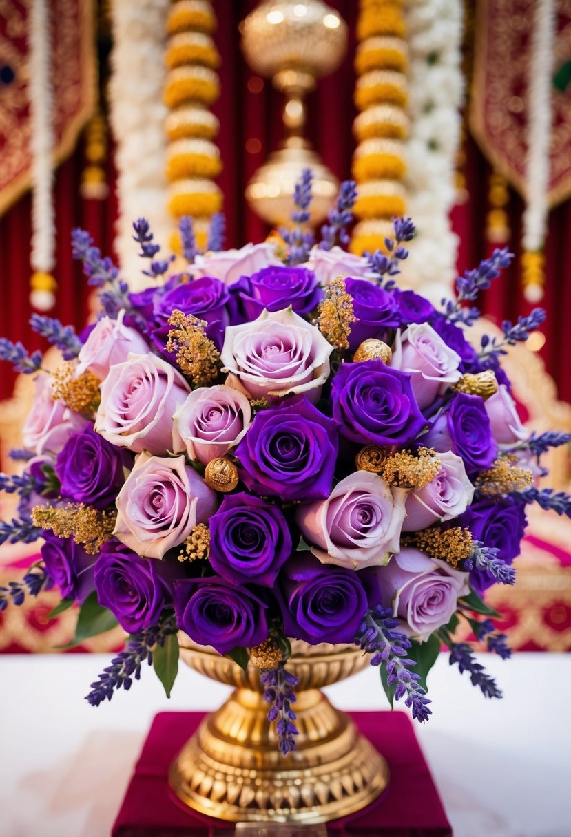 A vibrant bouquet of lavender and rose blooms, intricately arranged with golden accents, set against a backdrop of traditional Indian wedding decor