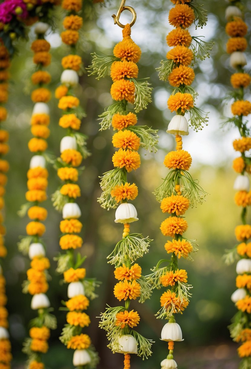 A colorful garland of mogra flowers, intertwined with delicate green leaves, hangs from a golden hook, emitting a sweet, intoxicating scent