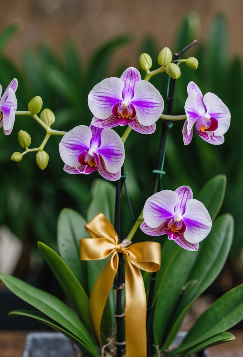 A single stem of orchid surrounded by delicate greenery, tied with a golden ribbon