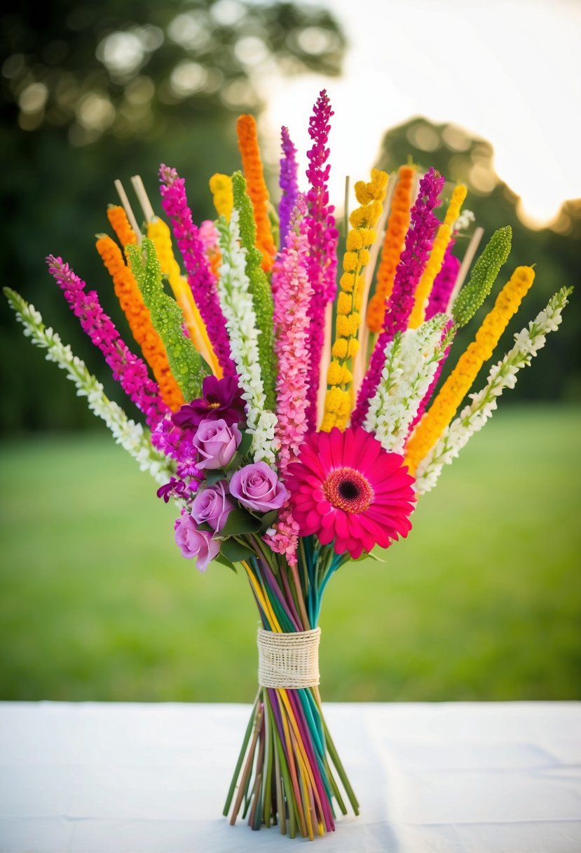 A vibrant bouquet of multi-colored flower sticks arranged in an Indian wedding style