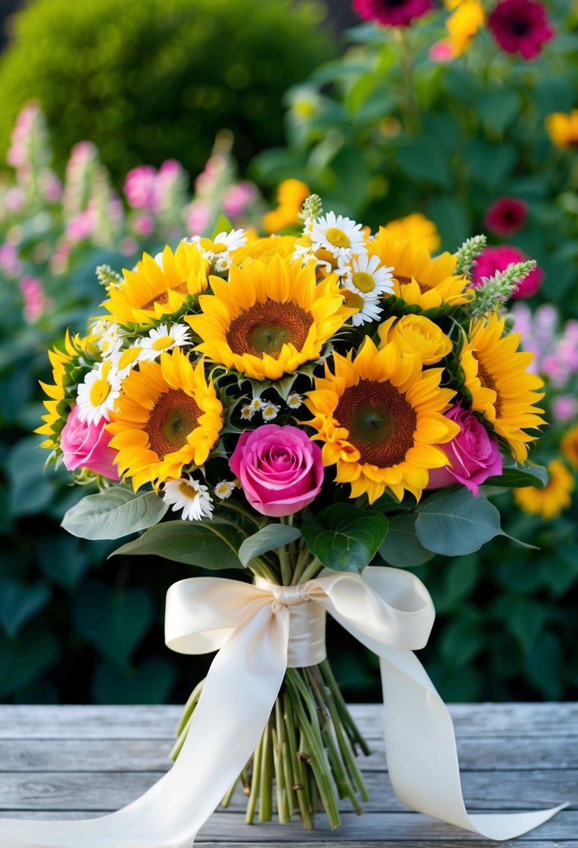 A vibrant bouquet of sunflowers, roses, and daisies tied with a flowing ribbon, set against a backdrop of lush greenery and blooming flowers