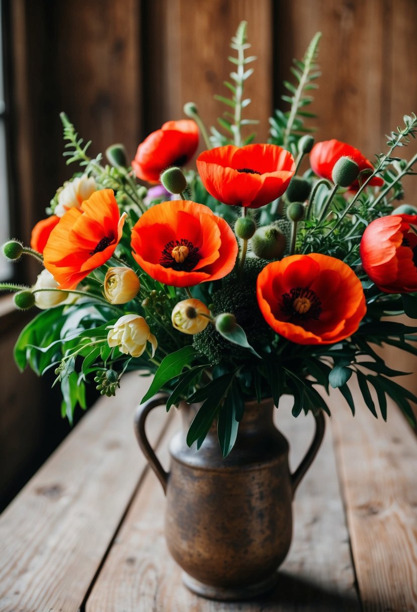 A colorful bouquet of poppies and peonies, with green foliage, arranged in a rustic vase on a wooden table