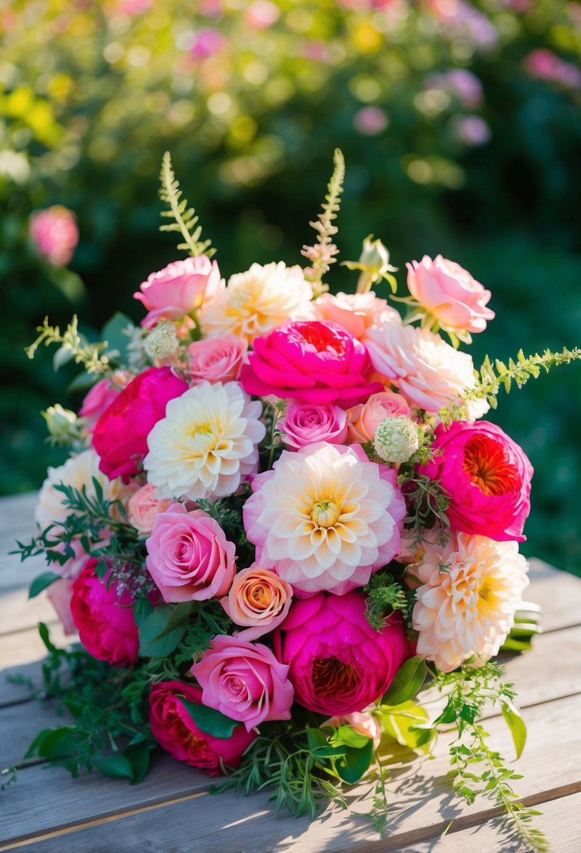 A vibrant bouquet of romantic roses and dahlias, intertwined with delicate greenery, basking in the warm summer sunlight