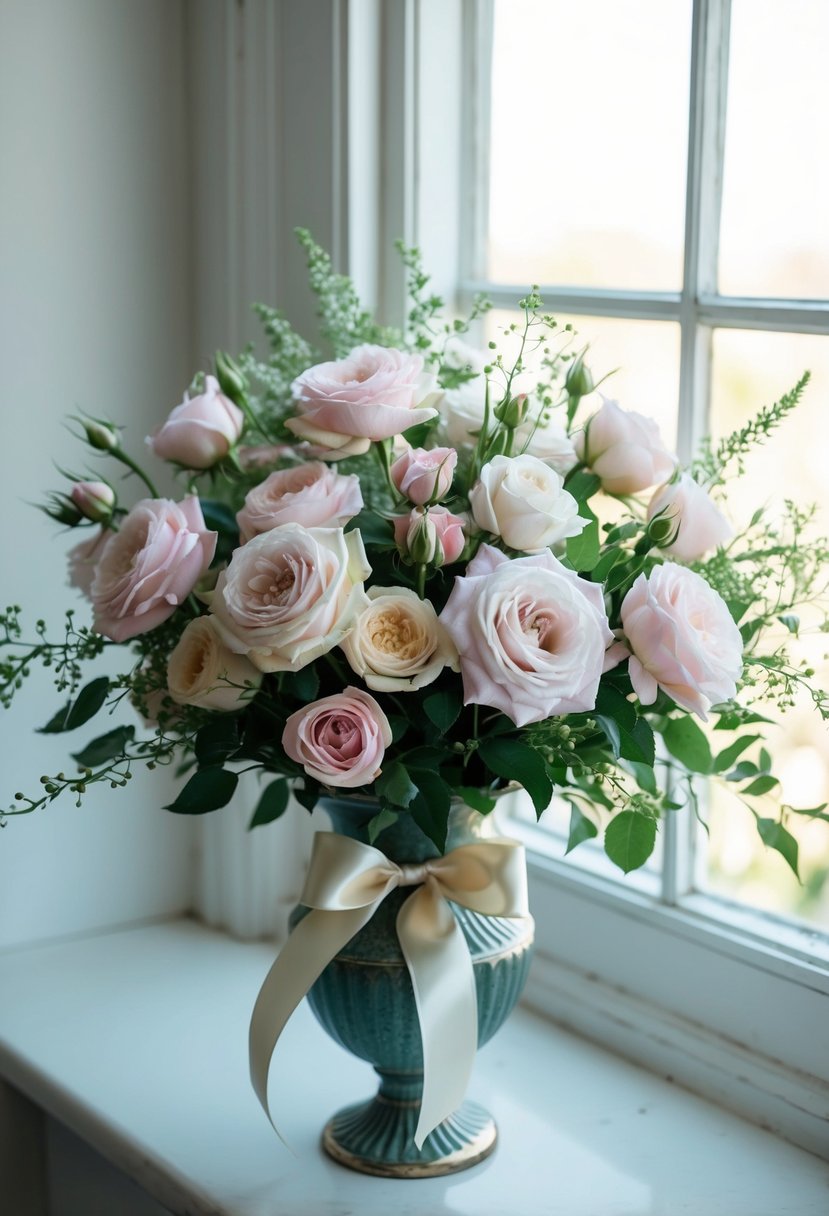 A lush bouquet of pastel garden roses, accented with delicate greenery and tied with a satin ribbon, sits in a vintage vase on a sunlit windowsill