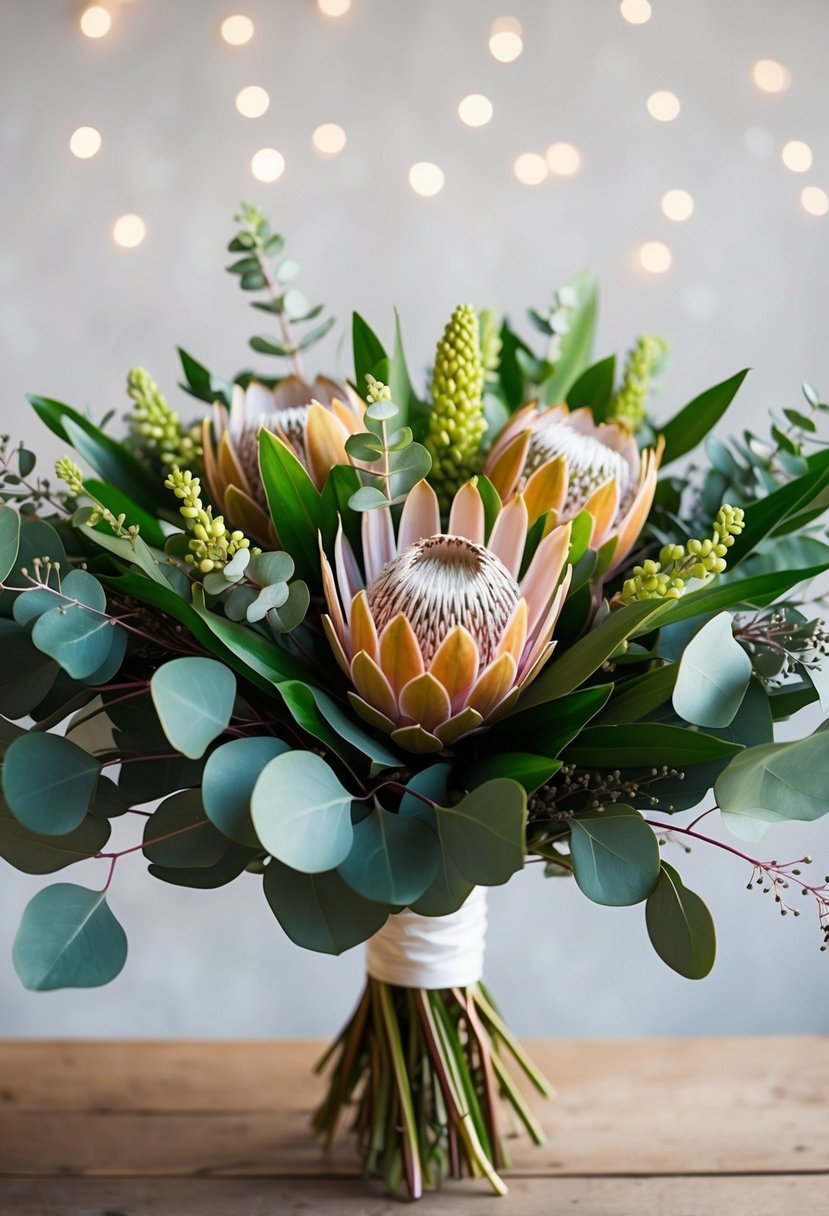 A vibrant bouquet of protea and eucalyptus arranged in a chic and modern style, perfect for a summer wedding