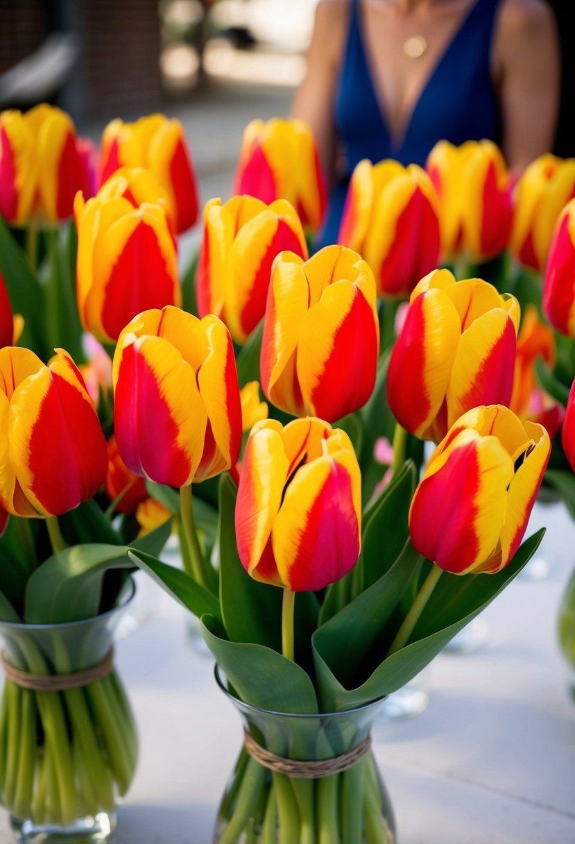 A vibrant display of sunset parrot tulips arranged in a summer wedding bouquet