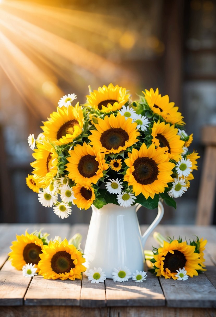 A vibrant bouquet of sunflowers and daisies arranged in a rustic, summery setting with warm sunlight streaming through the scene