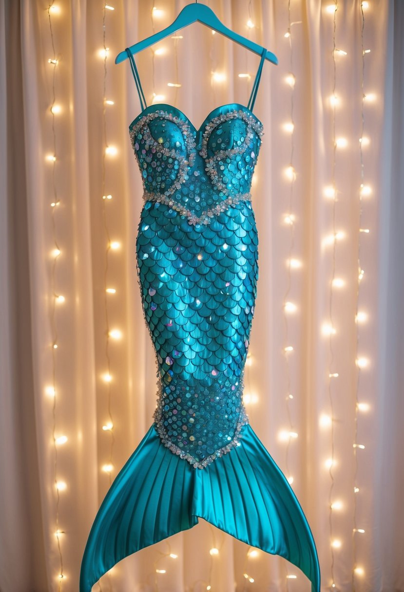 A mermaid dress adorned with Swarovski crystals sparkles under the soft glow of fairy lights, creating a magical and enchanting ambiance