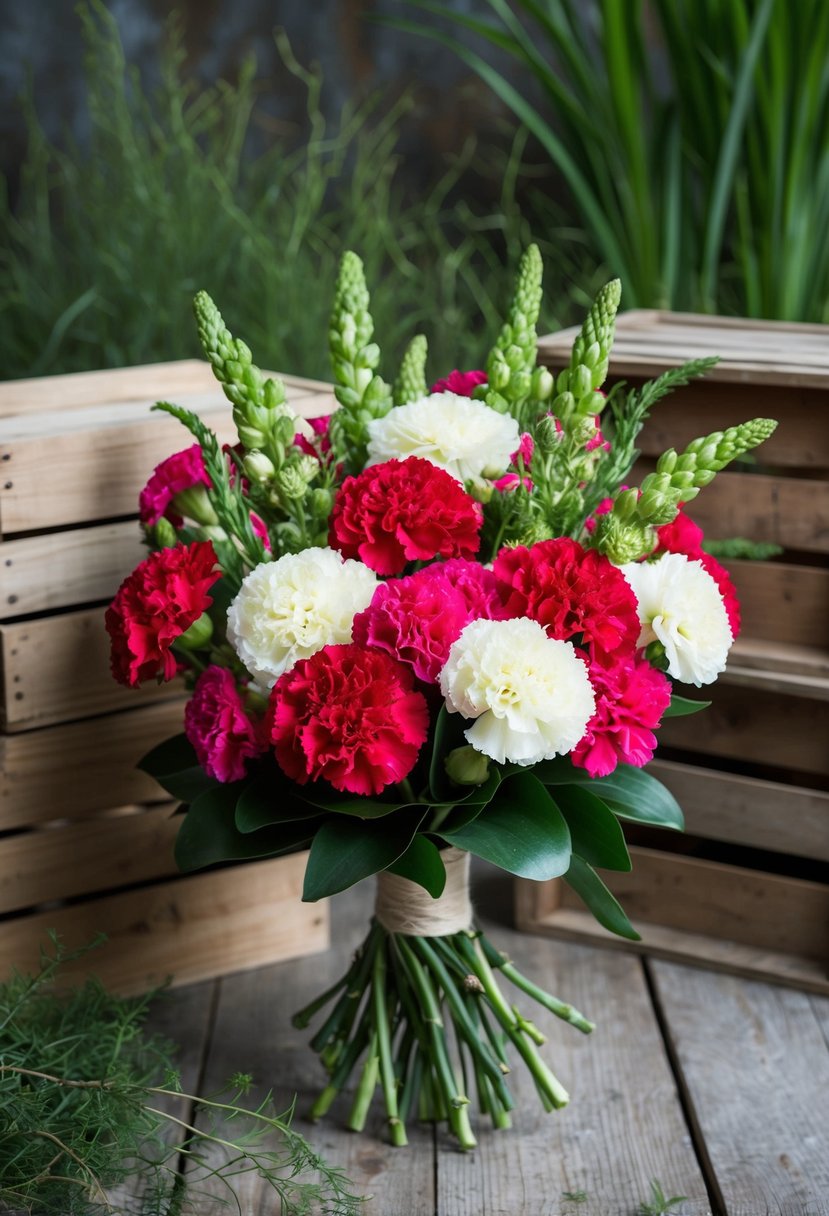 A lush bouquet of carnations and amaranthus, set against a rustic backdrop of wooden crates and wild greenery