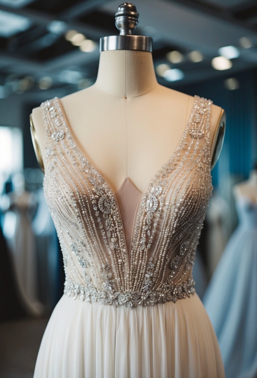 A cascading ombré beaded bodice wedding dress on a mannequin