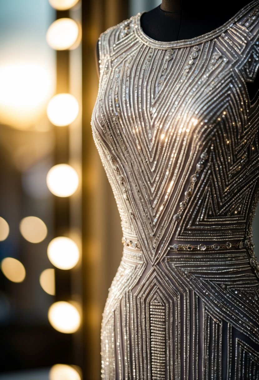 A shimmering Art Deco geometric beaded gown hangs on a mannequin, catching the light with its intricate patterns and luxurious detailing