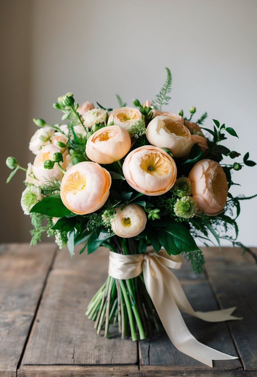 A lush bouquet of vintage peach ranunculus and greenery, tied with silk ribbon, sits on a rustic wooden table