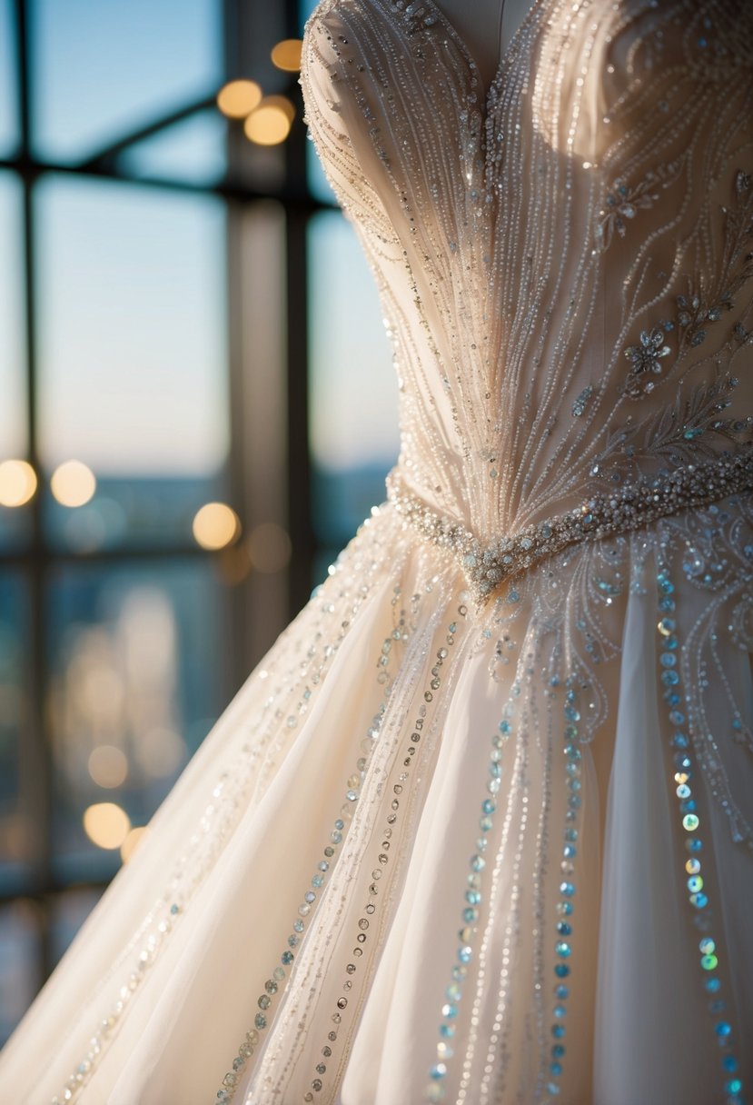 A delicate, intricate wedding dress adorned with shimmering beads and sequins, catching the light in a soft, romantic glow