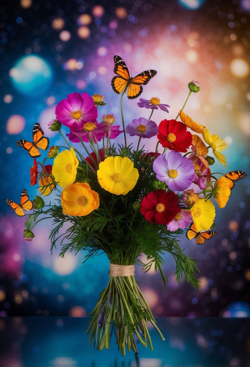 A colorful bouquet of cosmos and butterfly ranunculus floats in a whimsical cosmic setting