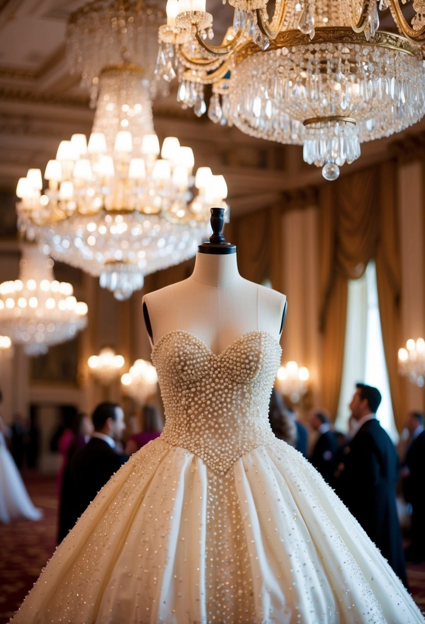 A grand ballroom adorned with opulent chandeliers, where a shimmering pearl-studded ball gown takes center stage on a mannequin