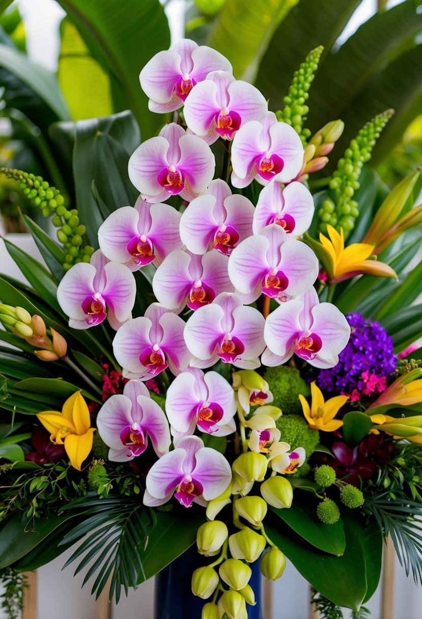 A vibrant bouquet of tropical cymbidium orchids, surrounded by lush greenery and colorful blooms, arranged in a modern, cascading style