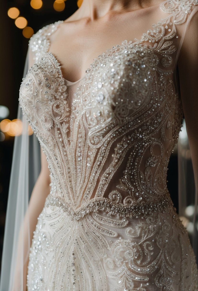 A sparkling 3D lace wedding dress with intricate beadwork cascading down the bodice and skirt, catching the light as it shimmers with glamour