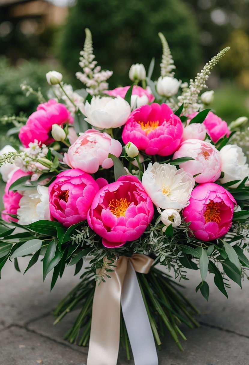 A vibrant bouquet of pink peonies and white freesias arranged in a cascading style, accented with delicate greenery and tied with a satin ribbon