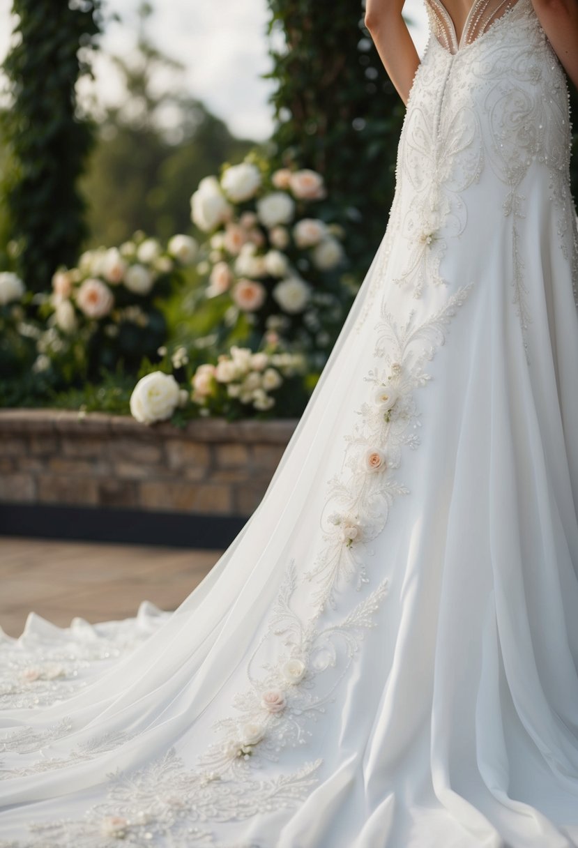 A flowing train adorned with intricate floral beadwork cascades down a white wedding dress