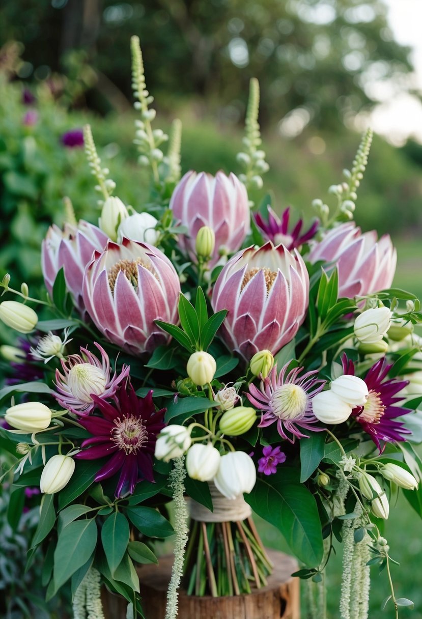 A vibrant bouquet of protea and clematis blooms, arranged in a rustic, wildflower style, with lush greenery and delicate accents