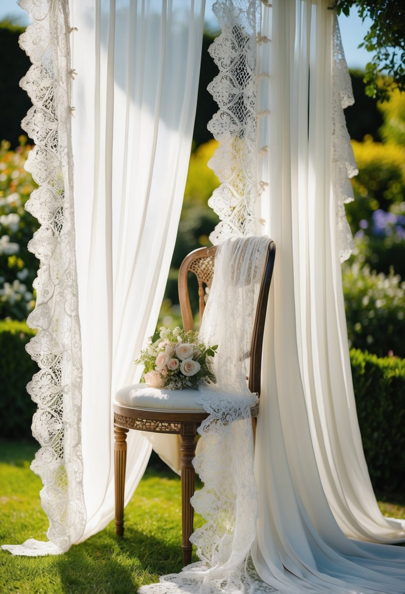 A sunlit garden with flowing lace curtains, draped over a vintage wooden chair adorned with intricate beaded lace wedding dress