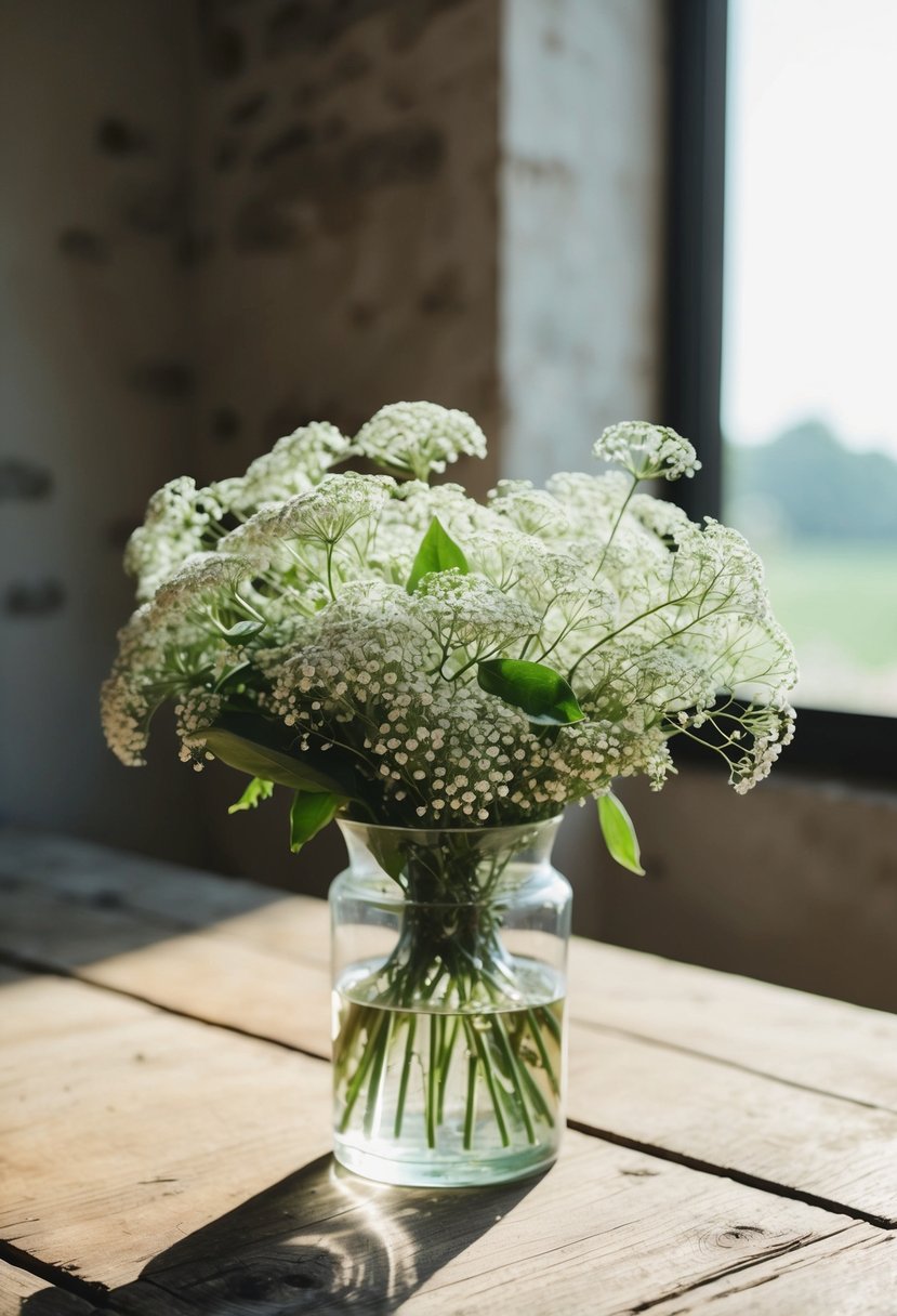 A delicate bouquet of baby's breath and greenery in a clear glass vase sits on a rustic wooden table, bathed in soft sunlight