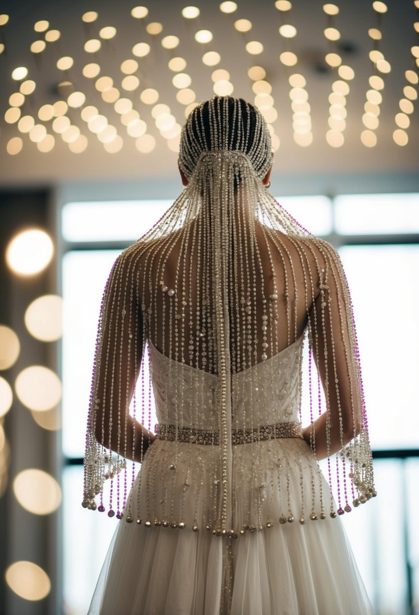 A flowing cape covered in shimmering beads drapes over a delicate wedding dress, catching the light and creating a dazzling display