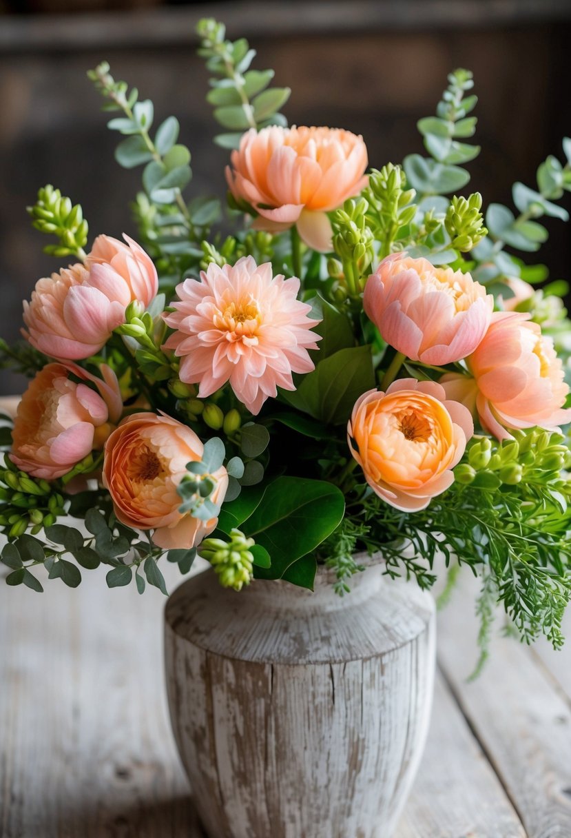 A vibrant bouquet of peach and pink stock flowers, accented with lush greenery, arranged in a rustic, white-washed wooden vase