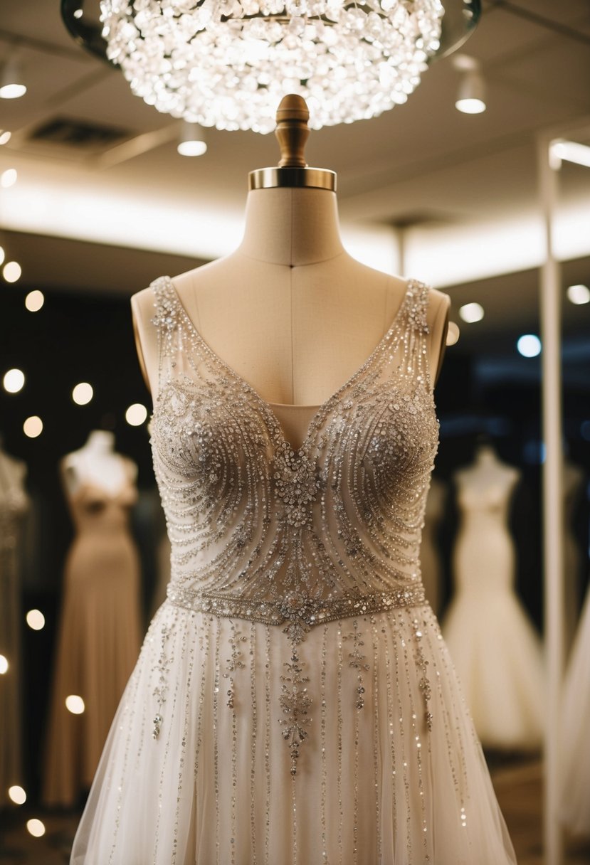 A sparkling beaded wedding dress hangs on a mannequin in a dimly lit bridal boutique, catching the light and casting a shimmering glow