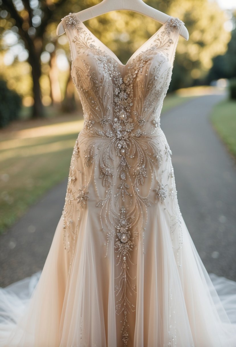 A delicate vintage-inspired beaded wedding dress with intricate floral beading cascading down the bodice and onto the flowing tulle skirt