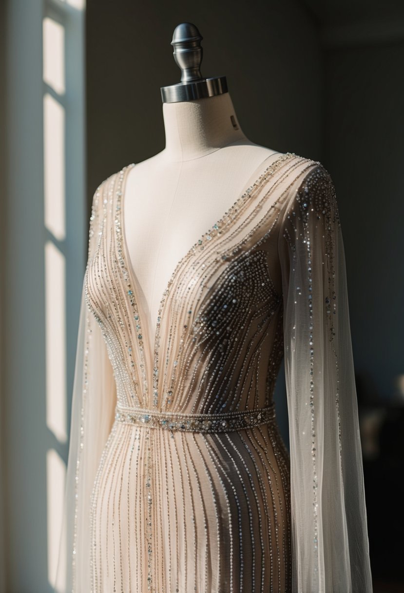 A beaded long sleeve illusion gown draped over a mannequin, catching the light and casting delicate shadows