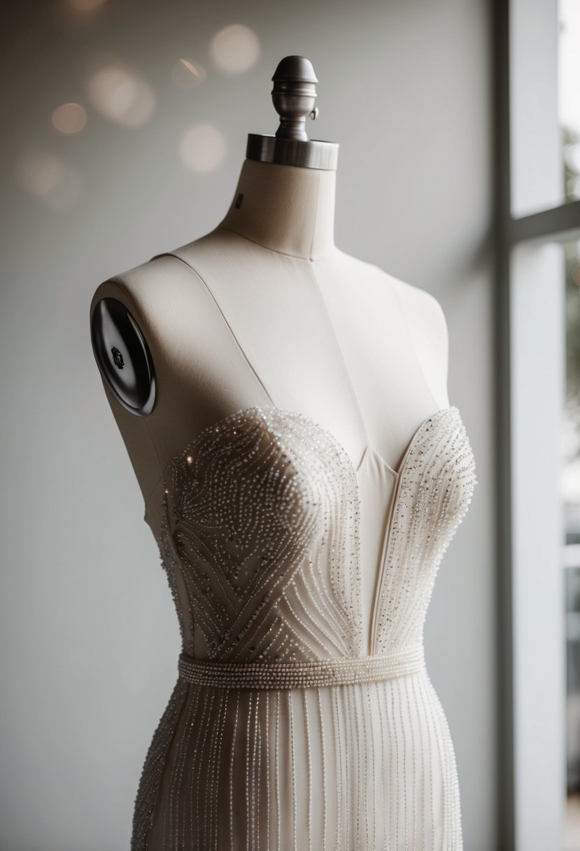 A sleek, modern beaded wedding dress on a minimalist mannequin