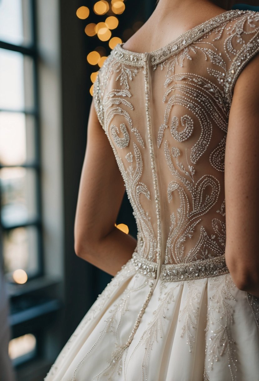 A close-up of a wedding dress with an intricate beaded back design, featuring delicate patterns and shimmering details