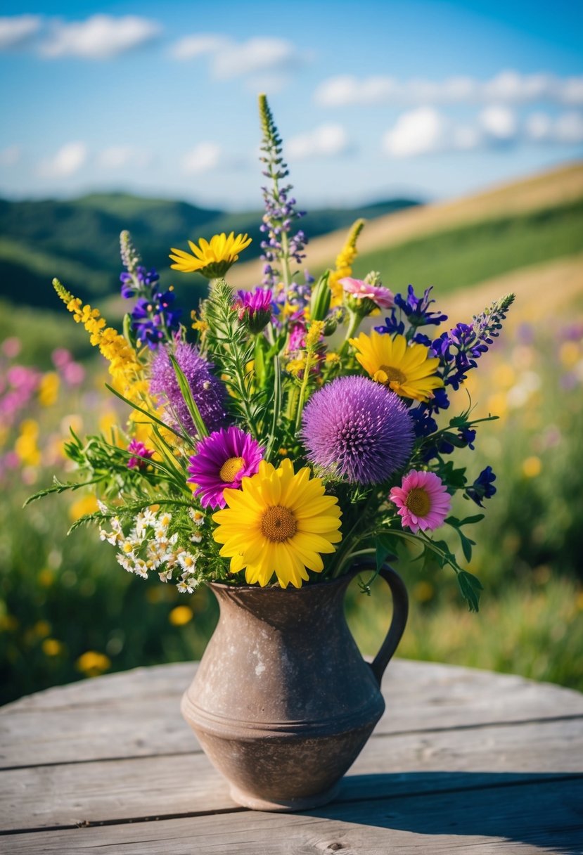 A vibrant bouquet of wildflowers in a rustic vase, with pops of purple, yellow, and pink, set against a backdrop of rolling hills and blue sky