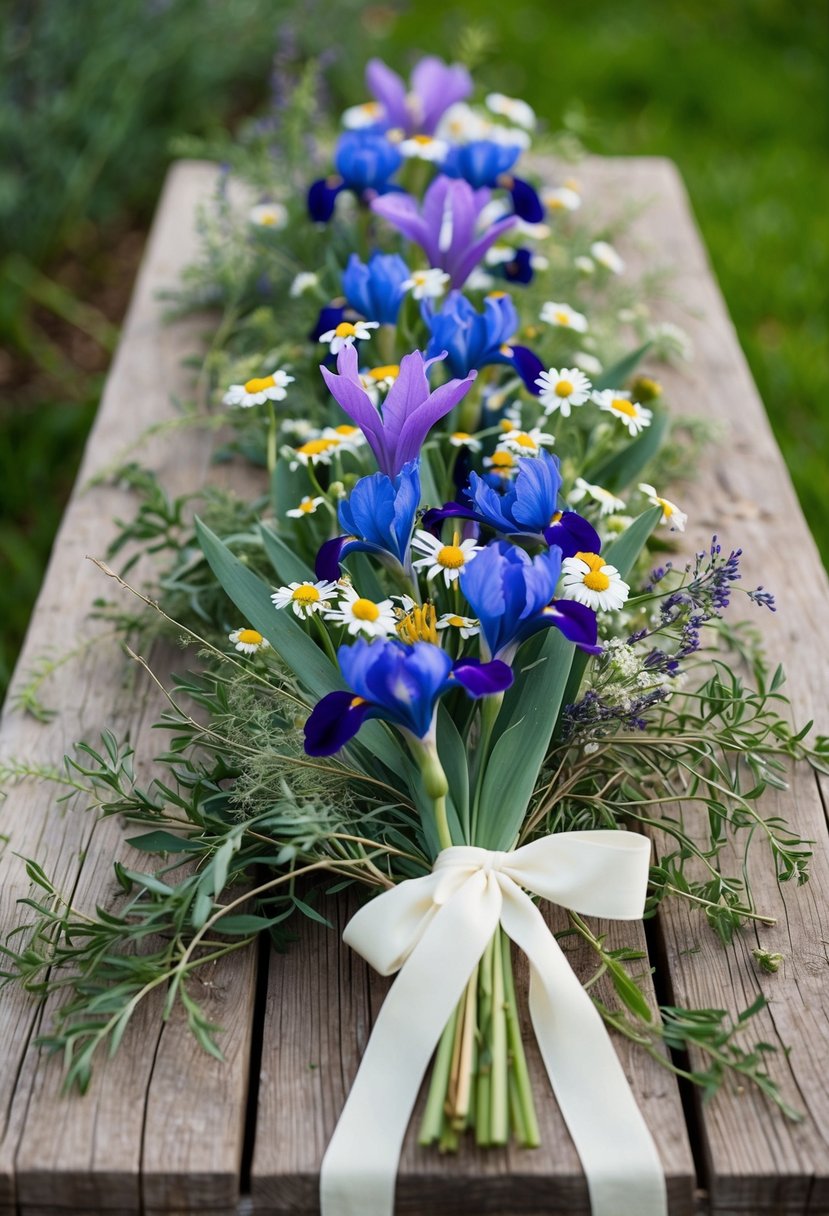 A rustic wooden table adorned with a colorful array of iris and daisy wildflowers, intertwined with delicate greenery and tied with a flowing ribbon