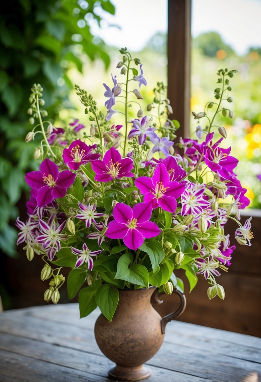 A vibrant bouquet of Garden Phlox and Clematis Charm wildflowers, arranged in a rustic vase on a wooden table