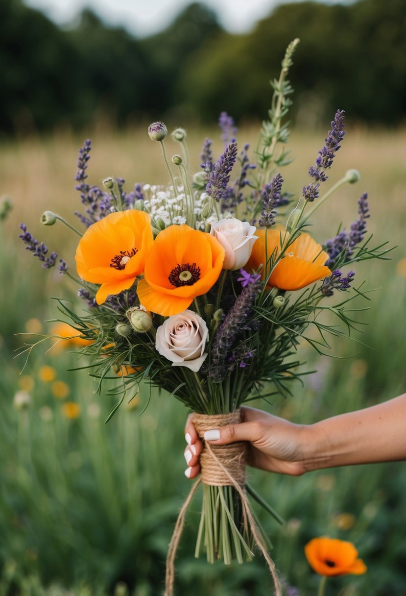 A rustic wedding bouquet with vibrant poppies and soft lavender, tied together with twine and wild greenery