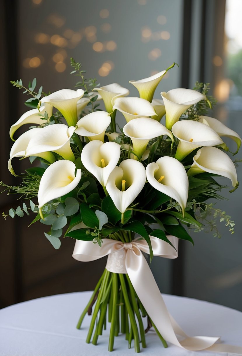 A stunning bouquet of white calla lilies, accented with delicate greenery and tied with a satin ribbon