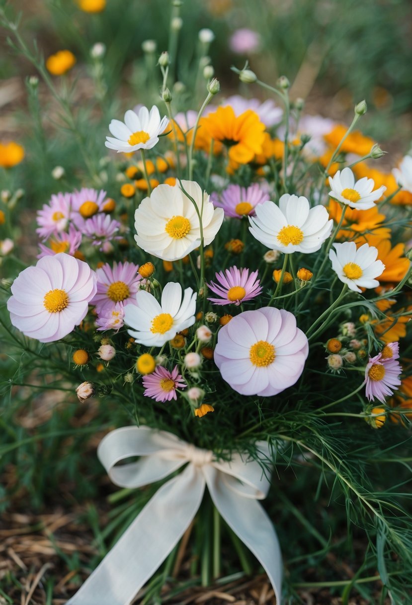 A delicate arrangement of sweetpeas and cosmos nestled among wildflowers, tied with a flowing ribbon