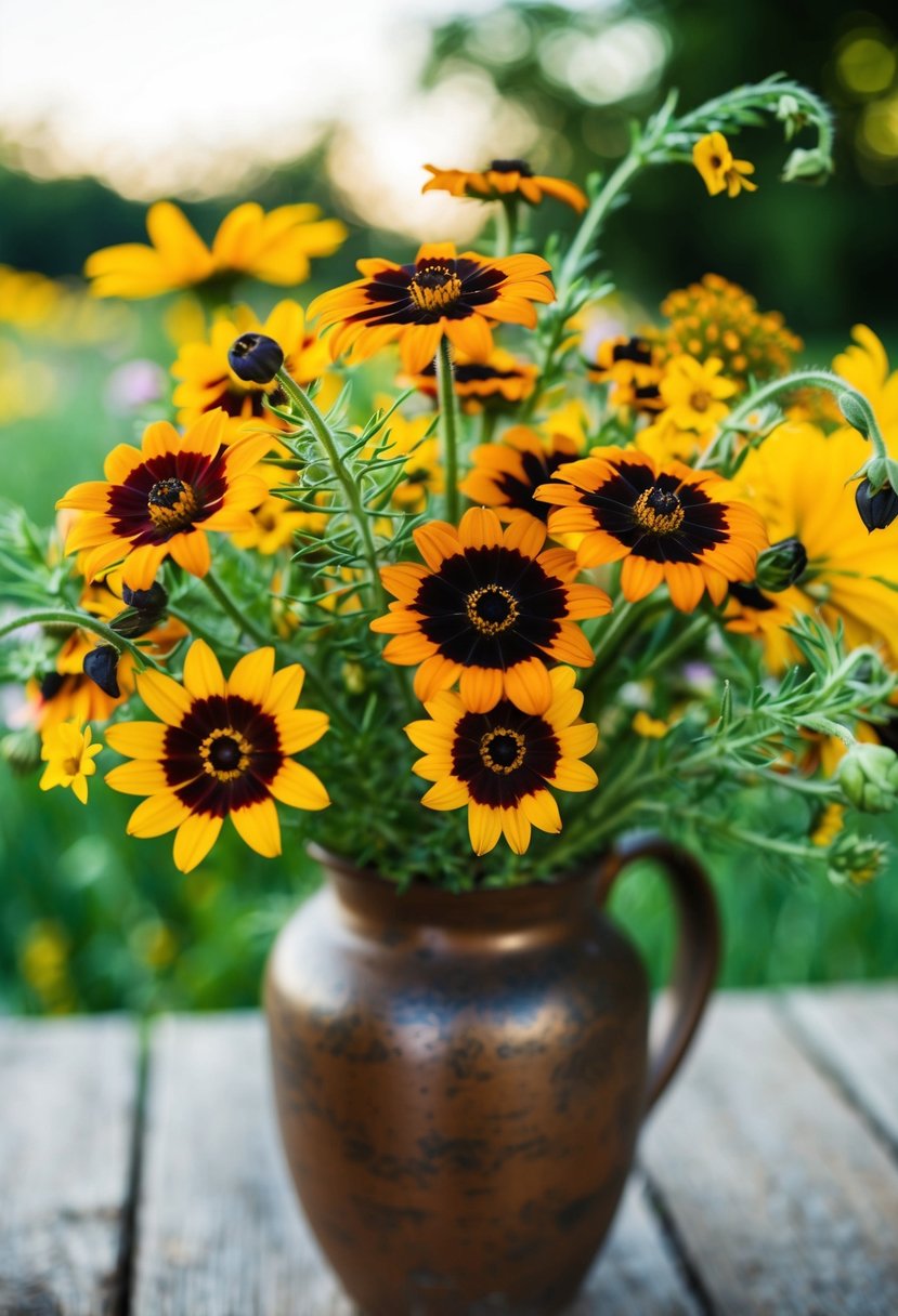 A vibrant bouquet of black-eyed Susans and other wildflowers in a rustic vase