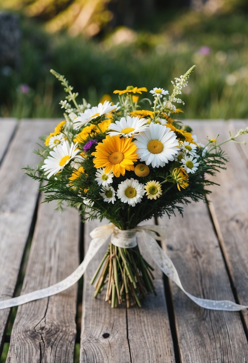 A rustic wooden table adorned with a lush bouquet of mountain daisies and wildflowers, tied with a delicate ribbon