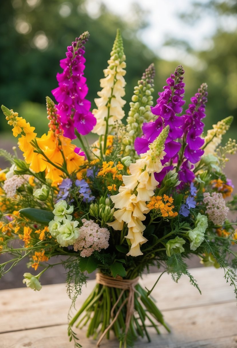 A vibrant bouquet of snapdragons and tweedia whimsy wildflowers, bursting with color and texture, arranged in a rustic, hand-tied style