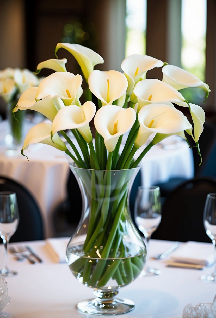 A glass vase holds a stunning arrangement of all-white calla lilies, their elegant blooms creating a beautiful wedding bouquet centerpiece