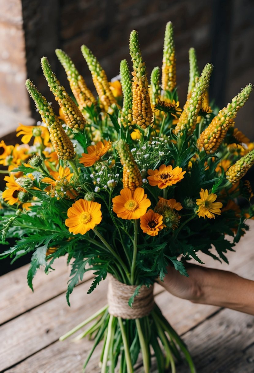 A vibrant bouquet of cornflower and liquid amber glow wildflowers in a rustic, hand-tied arrangement