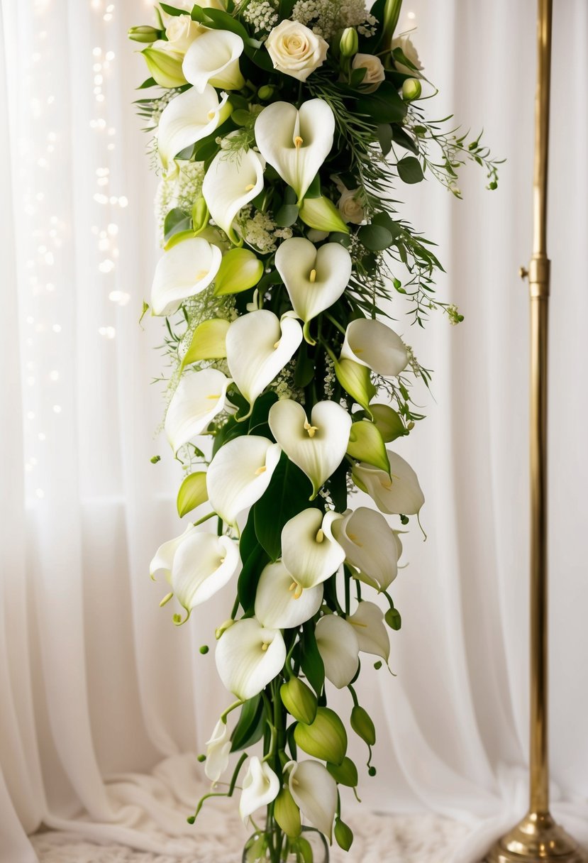 A cascading bouquet of calla lilies and orchids, with delicate greenery, set against a soft, romantic backdrop