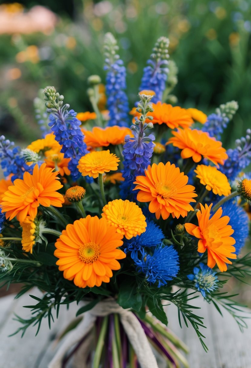 A vibrant bouquet of calendula and delphinium wildflowers, with pops of orange and blue, arranged in a rustic, hand-tied style