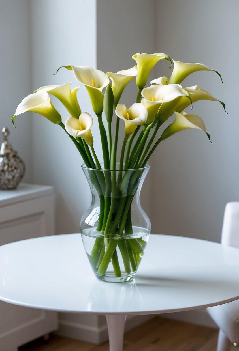 A simple, elegant arrangement of calla lilies in a glass vase on a clean, white table